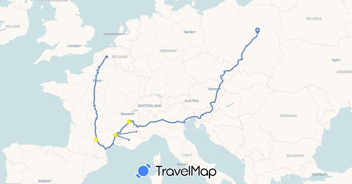 TravelMap itinerary: driving, cycling in Czech Republic, France, Italy, Poland, Slovenia (Europe)