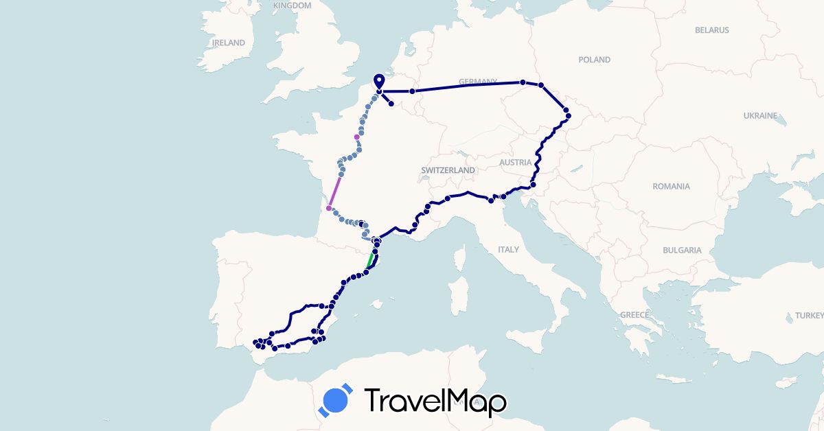 TravelMap itinerary: driving, bus, cycling, train in Belgium, Czech Republic, Germany, Spain, France, Italy, Slovenia (Europe)