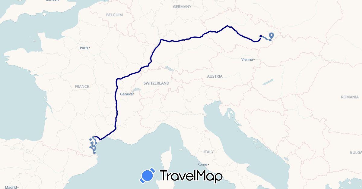 TravelMap itinerary: driving, cycling in Czech Republic, France (Europe)